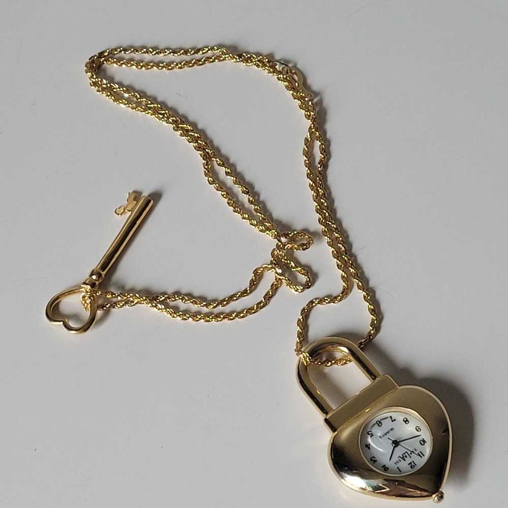 LA Express Gold Tone Heart Padlock Pendant Watch Necklace with Key Charm 26 In
